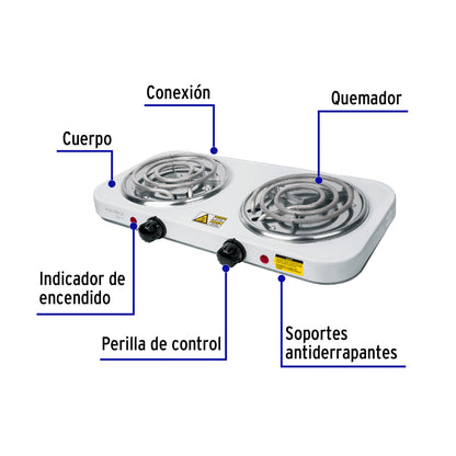 Parrilla eléctrica 2 quemadores en espiral, blanca, BASIC | PAEL-2CP | 23032