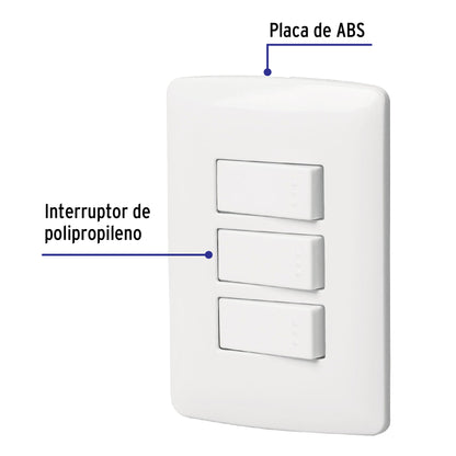Placa armada 3 interruptores sencillos,blanco,línea Italiana | PA-APTR-IB | 46463