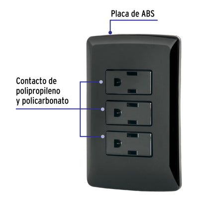 Placa armada 3 contactos aterrizados, negro, línea Italiana | PA-COTR-IN | 47594